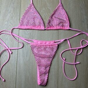 Pink rhinestone sparkle thong triangle bikini top sexy adjustable pool swim